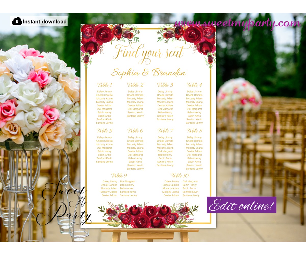 Red Roses Seating Chart template,Red Roses Wedding Seating Plan template,(16w)